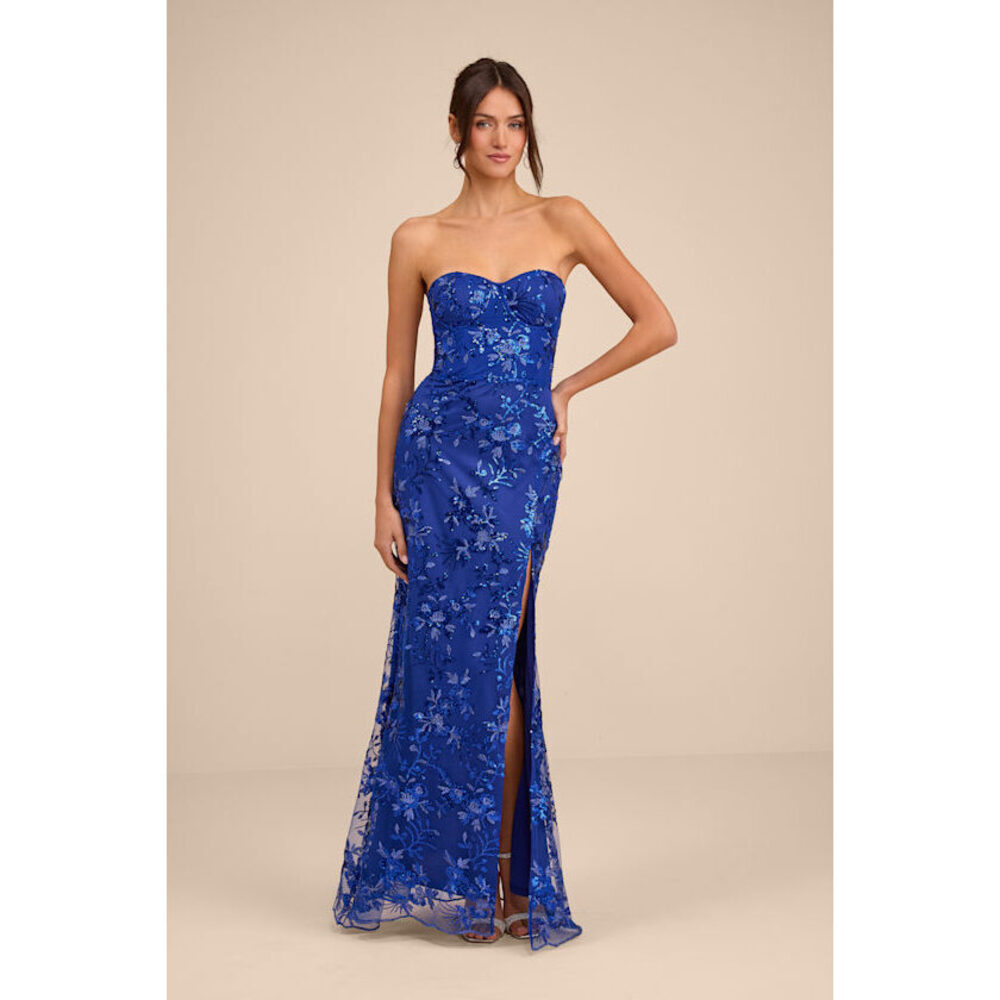 NEW! Lulus Confident Sensation Cobalt Sequin Strapless Bustier Maxi Dress Blue